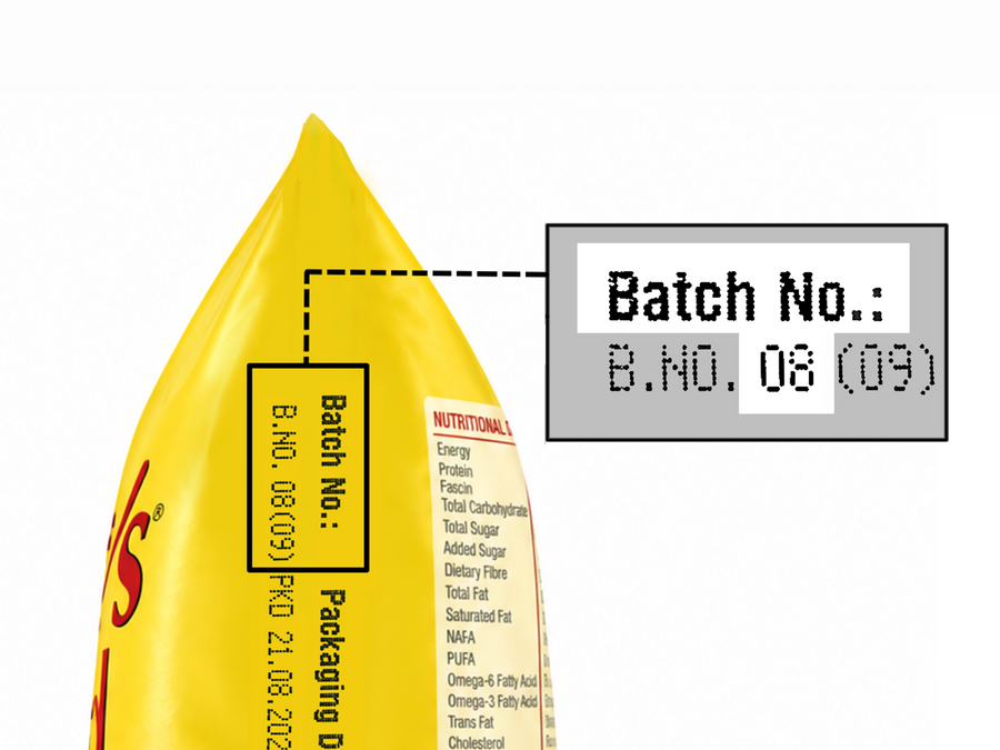 Flexipack seam with the printed batch number enlarged.