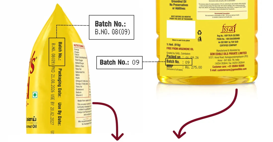 Back of the bottle with the printed batch number enlarged.